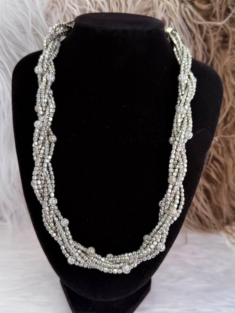 Vintage Silver Tone Multi Strand Twisted Bead Filigree Statement Necklace